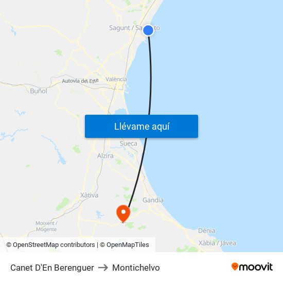 Canet D'En Berenguer to Montichelvo map