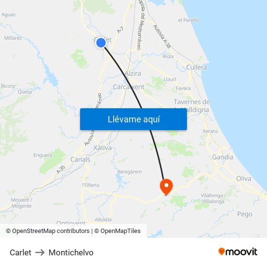 Carlet to Montichelvo map