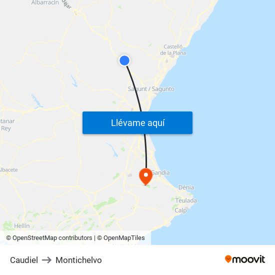 Caudiel to Montichelvo map