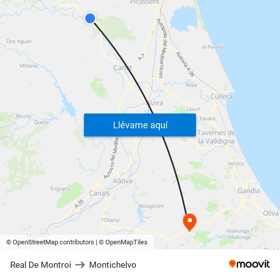 Real De Montroi to Montichelvo map