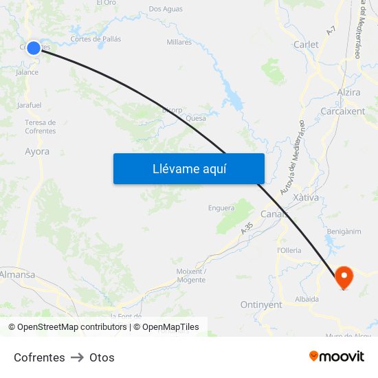 Cofrentes to Otos map