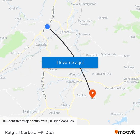 Rotglà I Corberà to Otos map