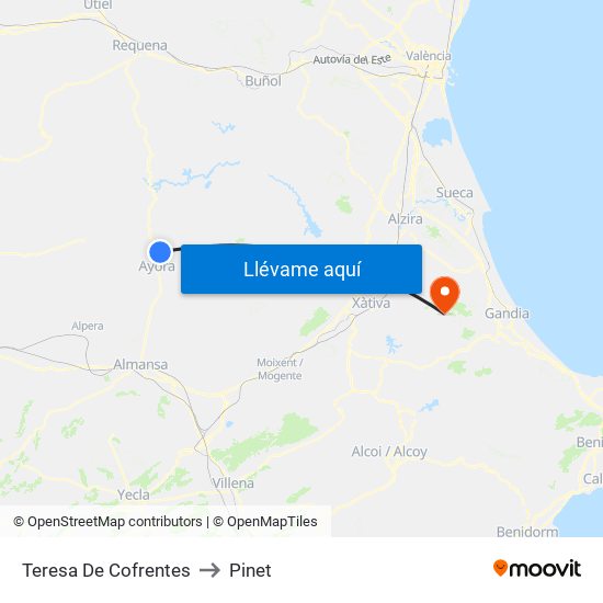 Teresa De Cofrentes to Pinet map