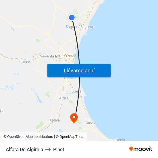 Alfara De Algimia to Pinet map
