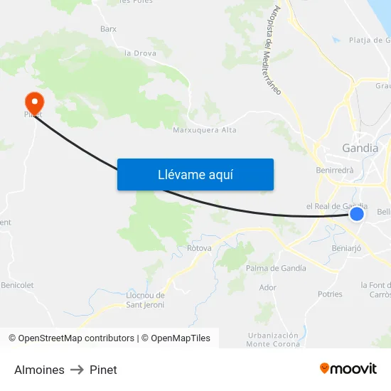 Almoines to Pinet map