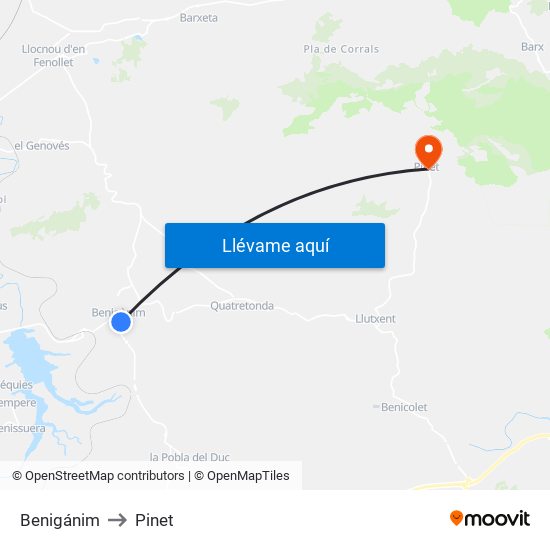 Benigánim to Pinet map