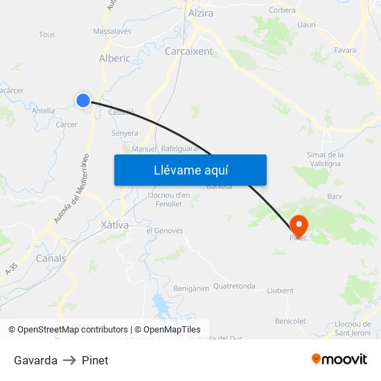 Gavarda to Pinet map