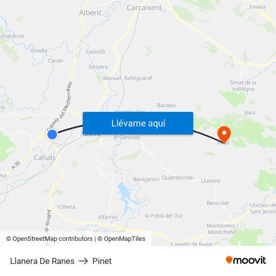 Llanera De Ranes to Pinet map
