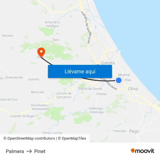 Palmera to Pinet map