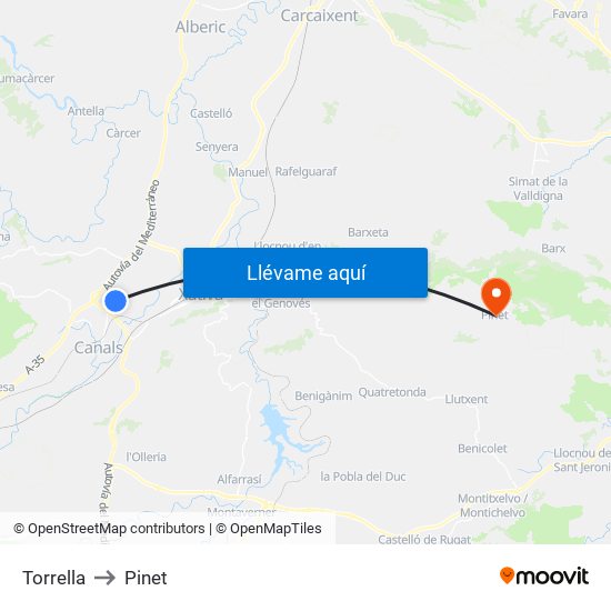 Torrella to Pinet map
