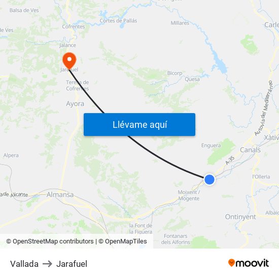 Vallada to Jarafuel map