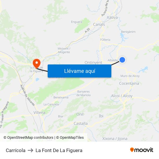 Carrícola to La Font De La Figuera map