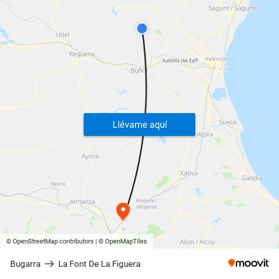 Bugarra to La Font De La Figuera map