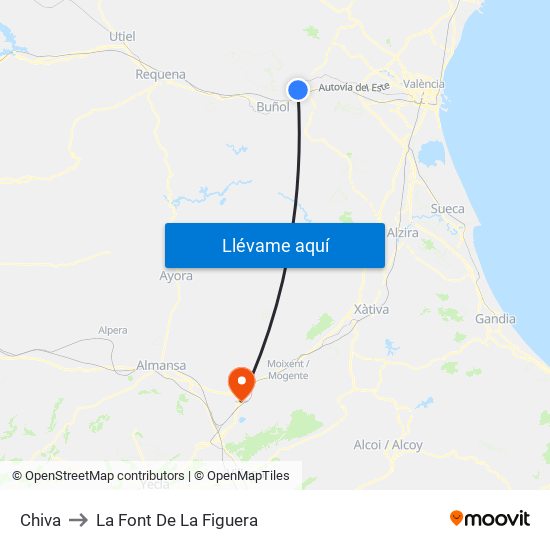 Chiva to La Font De La Figuera map