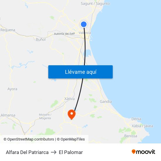 Alfara Del Patriarca to El Palomar map