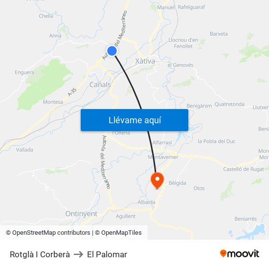 Rotglà I Corberà to El Palomar map