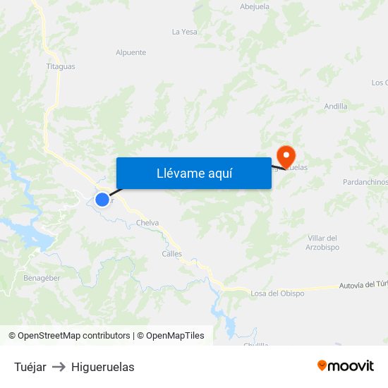 Tuéjar to Higueruelas map