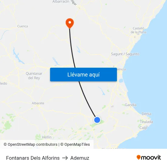 Fontanars Dels Alforins to Ademuz map