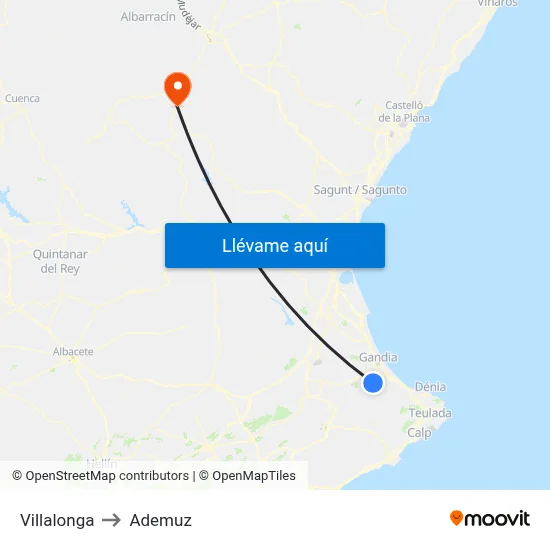Villalonga to Ademuz map