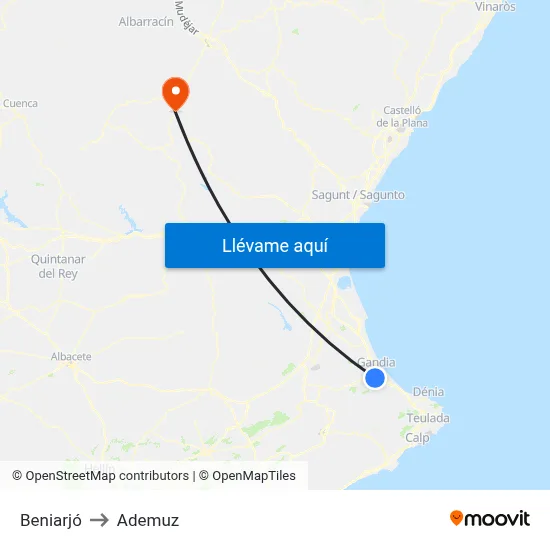 Beniarjó to Ademuz map