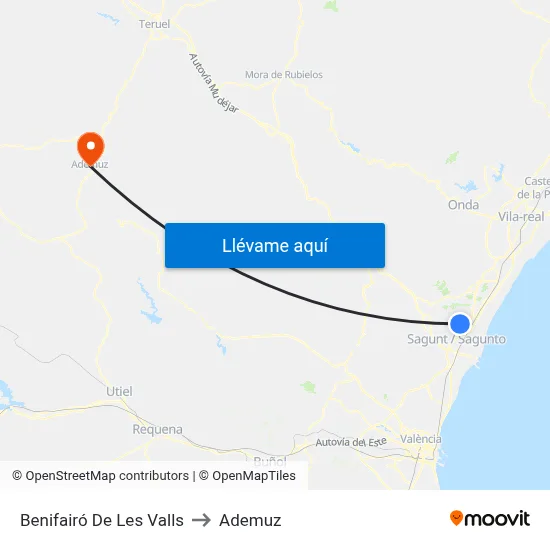 Benifairó De Les Valls to Ademuz map