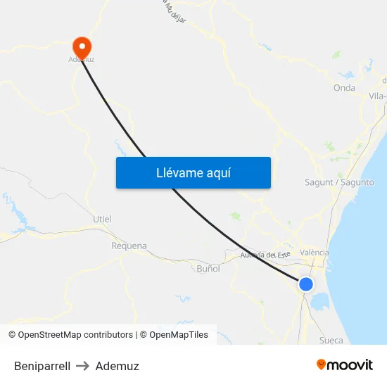 Beniparrell to Ademuz map