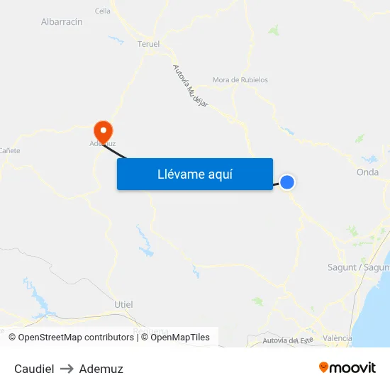 Caudiel to Ademuz map