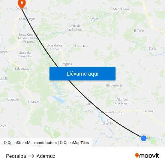 Pedralba to Ademuz map