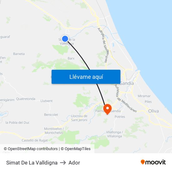 Simat De La Valldigna to Ador map
