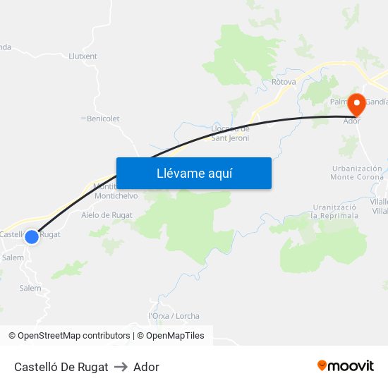 Castelló De Rugat to Ador map