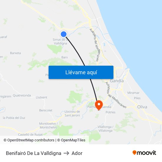 Benifairó De La Valldigna to Ador map