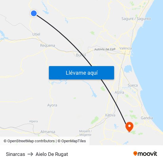 Sinarcas to Aielo De Rugat map