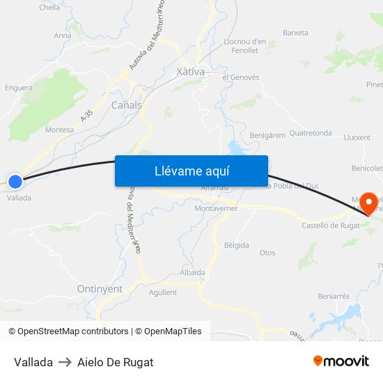 Vallada to Aielo De Rugat map