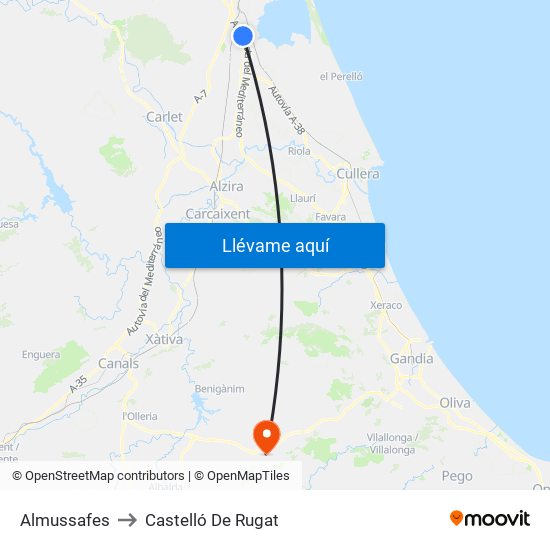 Almussafes to Castelló De Rugat map