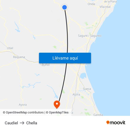 Caudiel to Chella map
