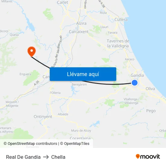Real De Gandía to Chella map
