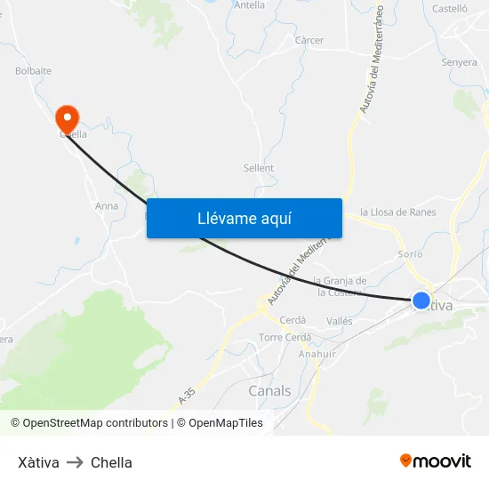 Xàtiva to Chella map