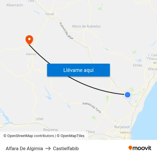 Alfara De Algimia to Castielfabib map