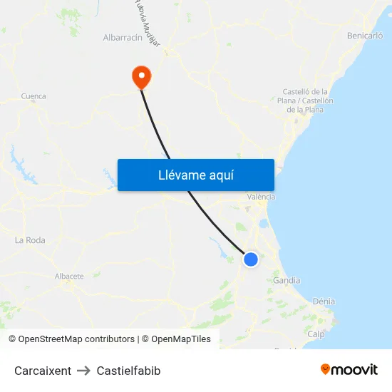 Carcaixent to Castielfabib map