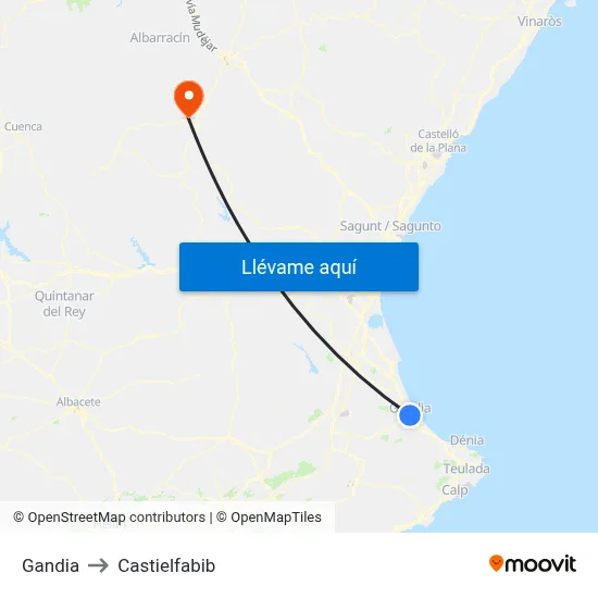 Gandia to Castielfabib map