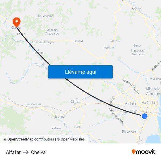 Alfafar to Chelva map