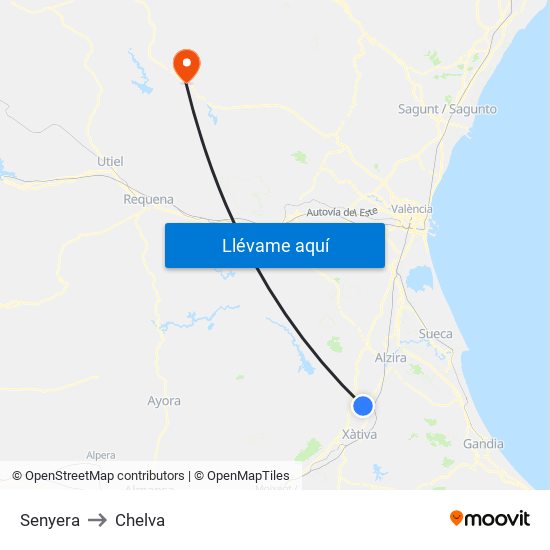 Senyera to Chelva map