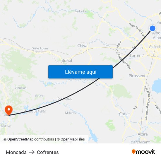 Moncada to Cofrentes map