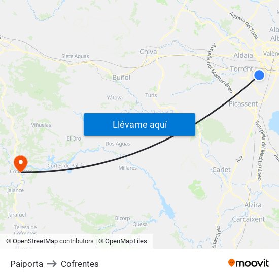 Paiporta to Cofrentes map