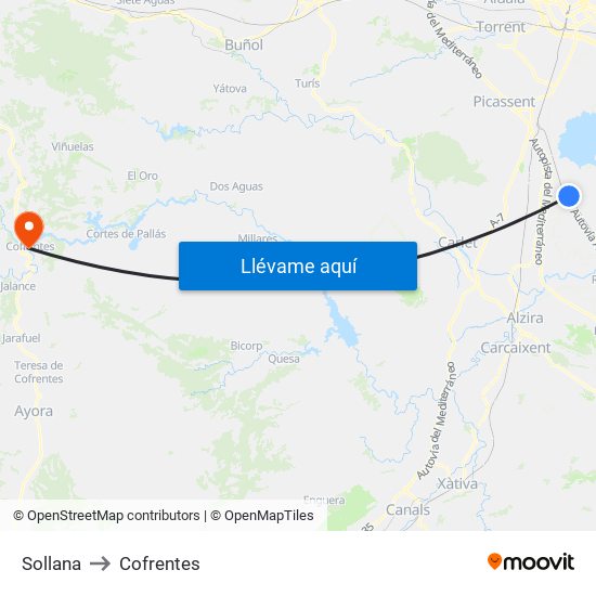 Sollana to Cofrentes map