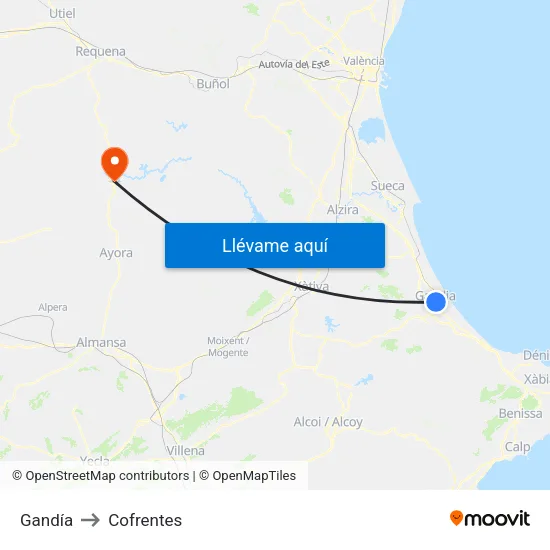 Gandía to Cofrentes map
