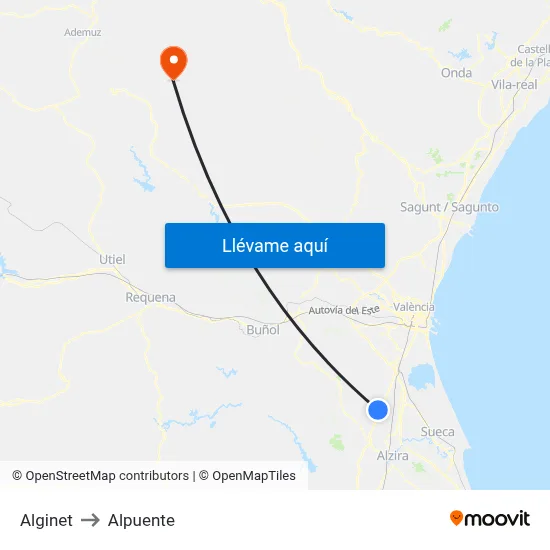 Alginet to Alpuente map