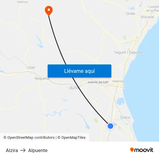 Alzira to Alpuente map