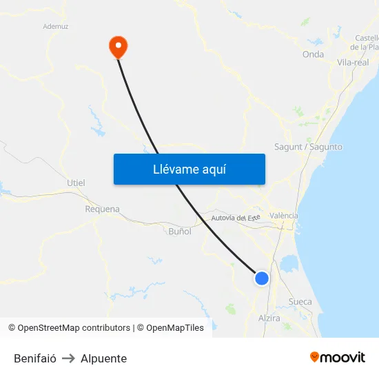 Benifaió to Alpuente map