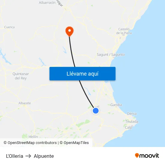 L'Olleria to Alpuente map